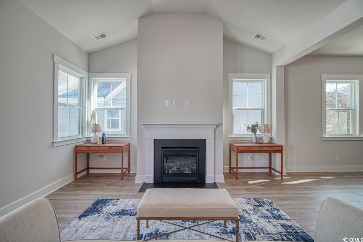 3810 Richardson Street Loris, SC 29569 - Photo 17 of 40 Living area with a fireplace with flush hearth, healthy amount of natural light, vaulted ceiling, and light wood-style floors