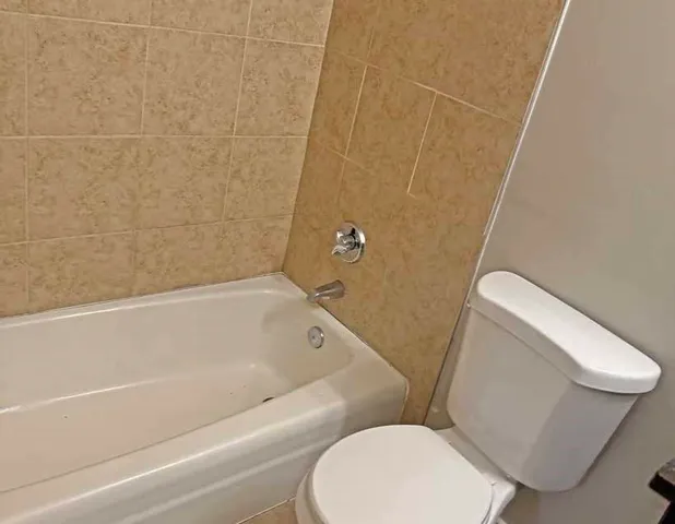 a bathroom with a toilet and bathtub