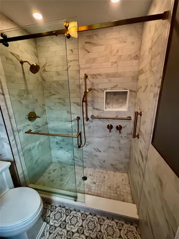 a bathroom with a shower and a toilet