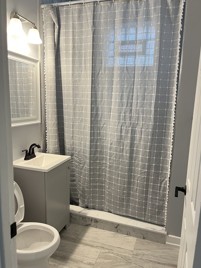 3821 West Fillmore Street, Unit 1R Chicago, IL 60624 - Photo 9 of 14 a bathroom with a sink a toilet a mirror and shower
