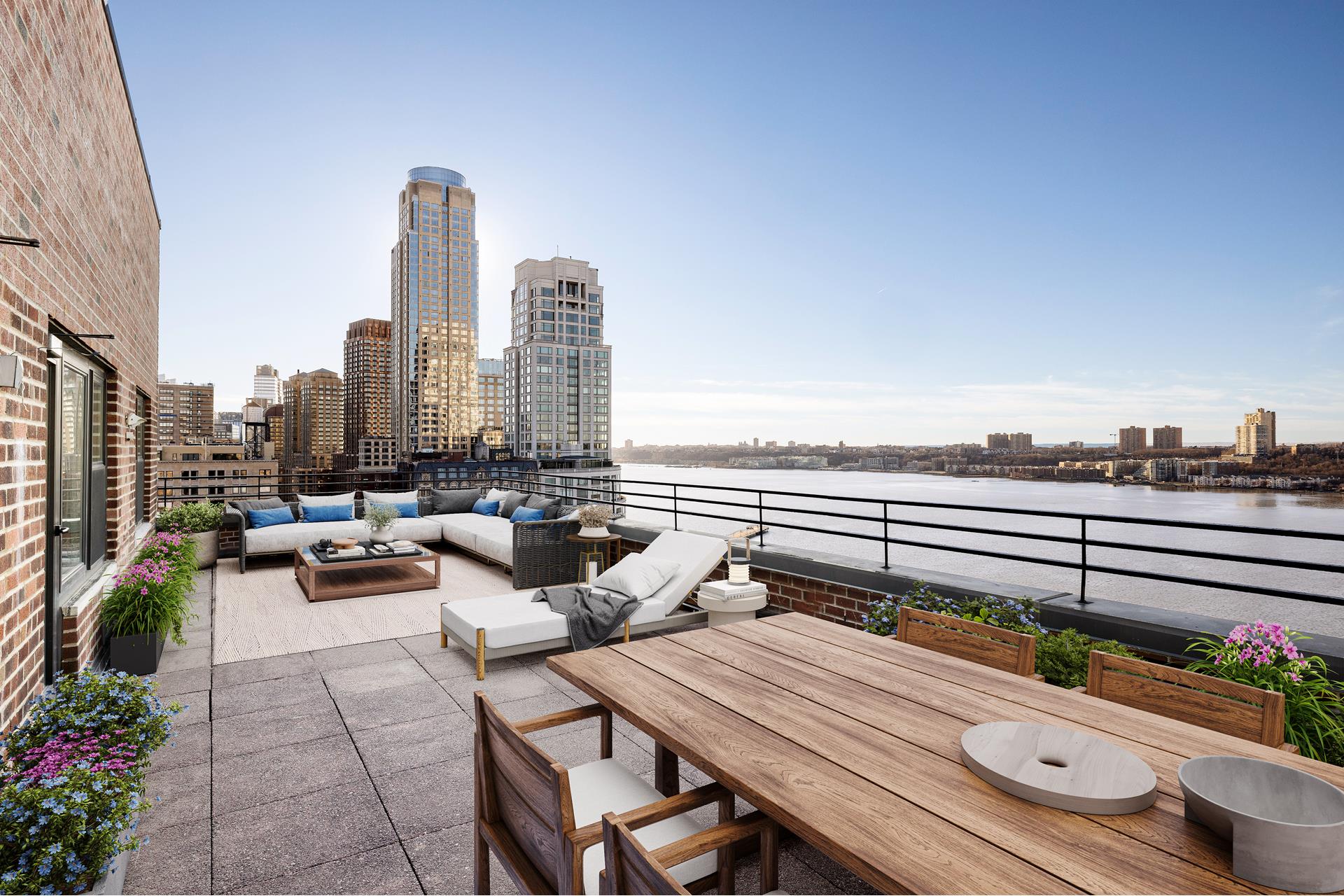 a view of roof deck with seating space and potted plants