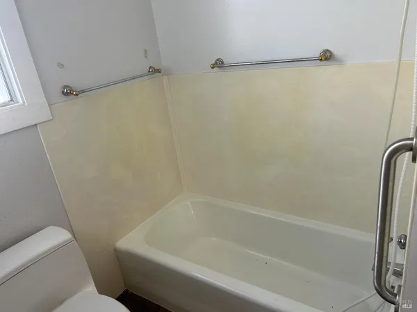a bathroom with a shower and a toilet
