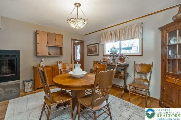 a view of a dining room with furniture