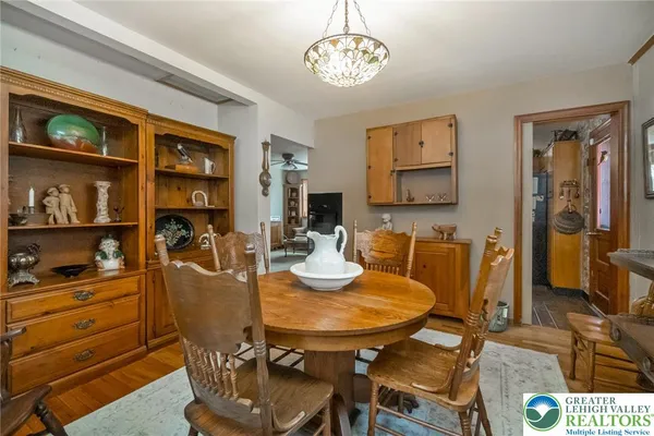 a view of a dining room with furniture