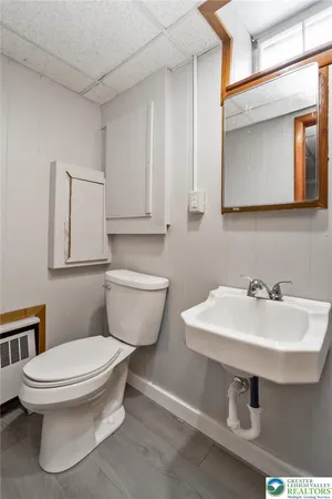 a bathroom with a toilet a sink and mirror