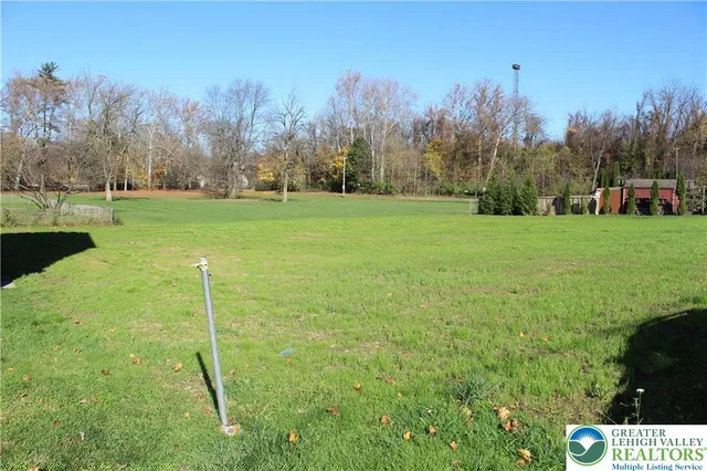 a view of a field with large trees