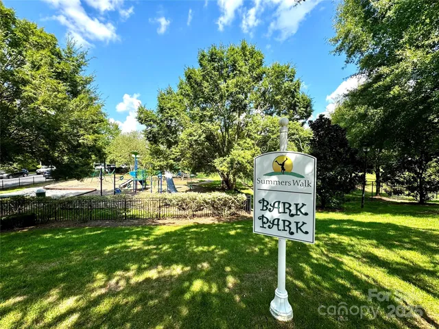 a view of a park with large trees