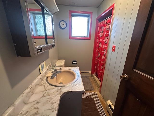 38 Locust Drive Babbitt, MN 55706 - Photo 16 of 29 Full bath with a baseboard heating unit, vanity, toilet, and a shower with shower curtain