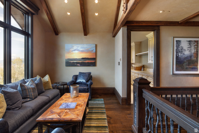 2322 North Westward Ho Road Heber City, UT 84036 - Photo 35 of 54 Living room featuring dark wood finished floors, beam ceiling, and recessed lighting