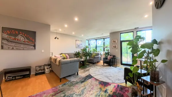 a living room with furniture and a potted plant