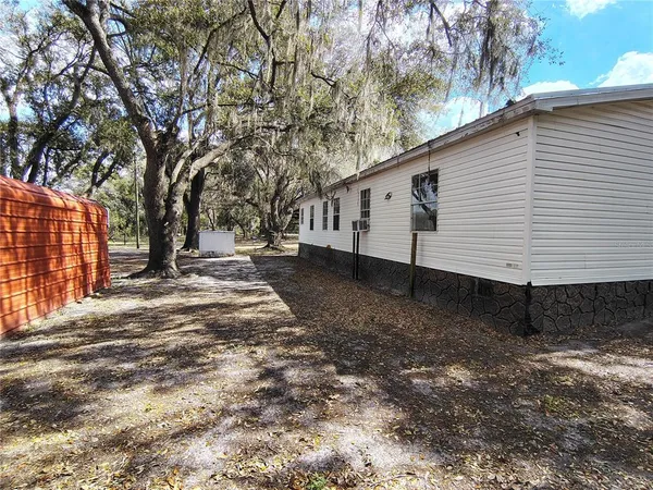 a view of a backyard with large trees