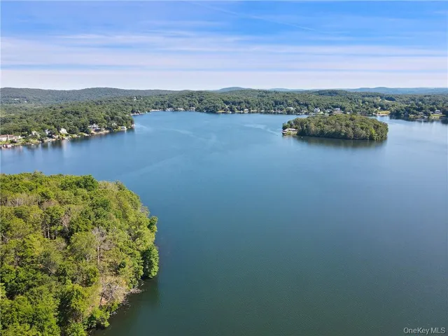 a view of a lake with houses in the back