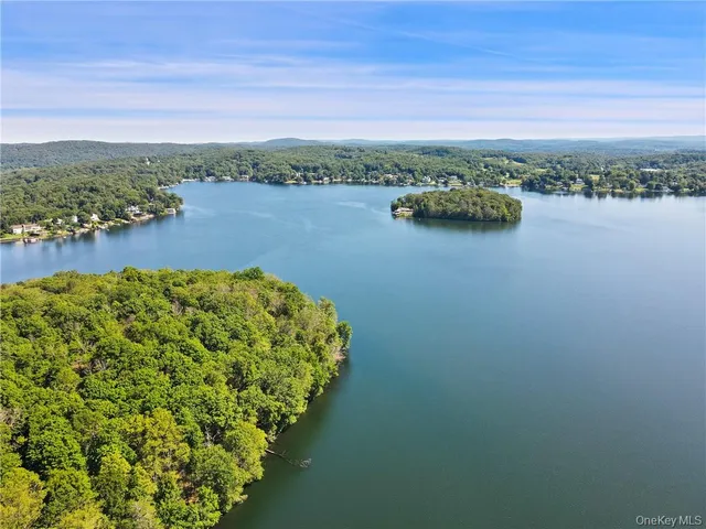 a view of a lake with tall building in the background
