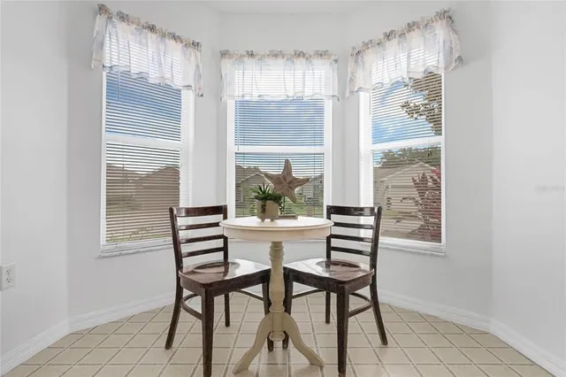 a view of a dining room with furniture window and outside view