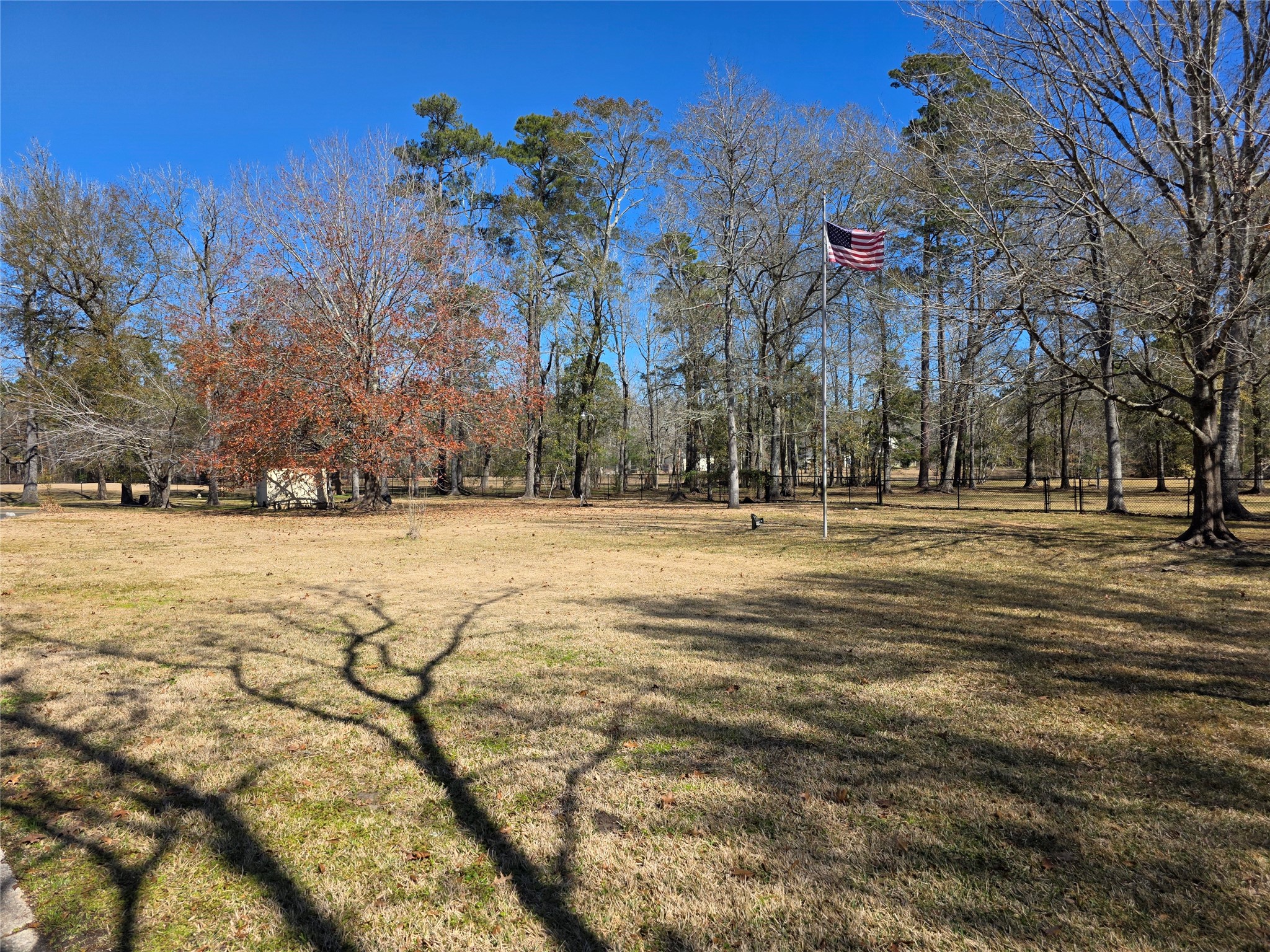 8708 West Fox Road Orange, TX 77632 - Photo 22 of 23 Spacious, open grassy yard with mature trees and a shed, featuring a flagpole. Ideal for outdoor activities and enjoying nature.