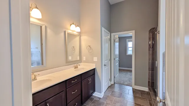 a bathroom with a double vanity sink a mirror and a shower
