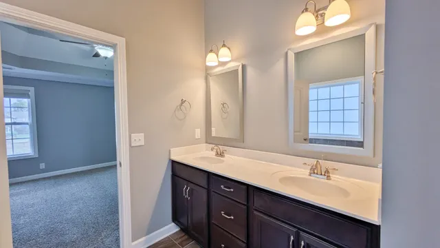 a bathroom with a sink double vanity and a mirror