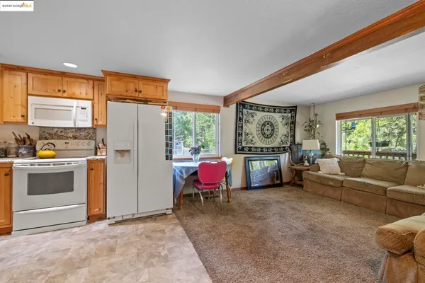 a living room with furniture stove and a refrigerator
