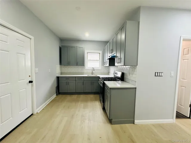 a kitchen with a sink cabinets and wooden floor