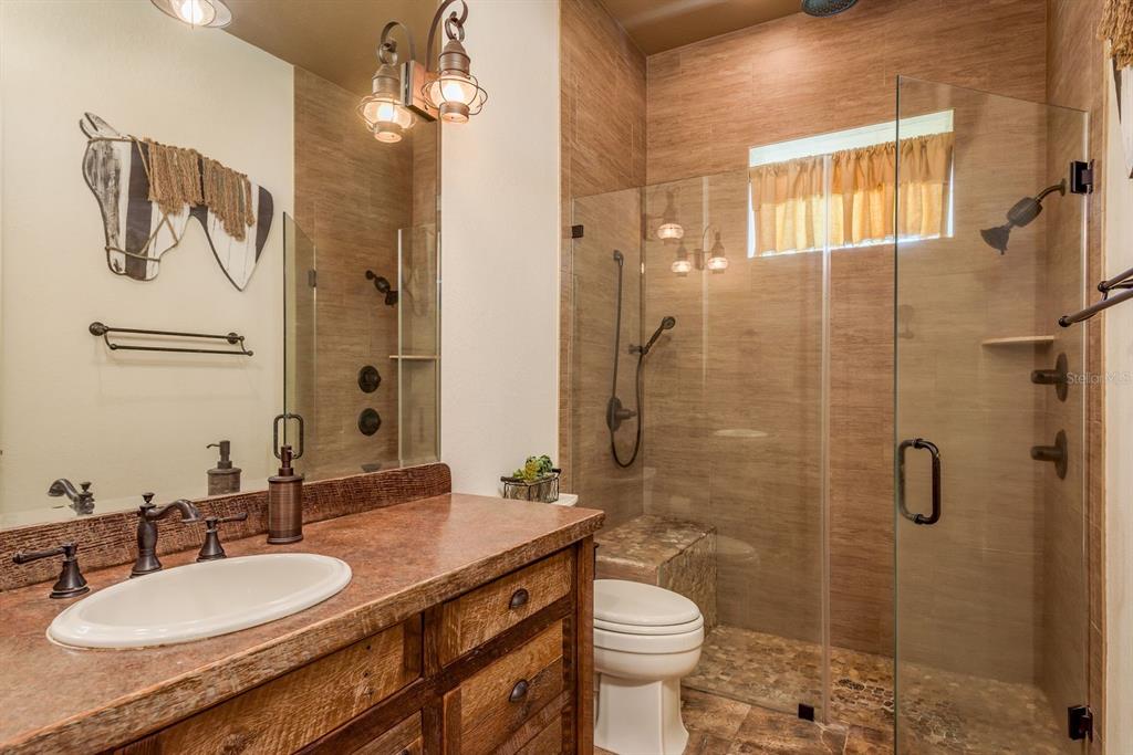 19018 Blake Road Odessa, FL 33556 - Photo 22 of 40 a bathroom with a granite countertop sink toilet a mirror and shower