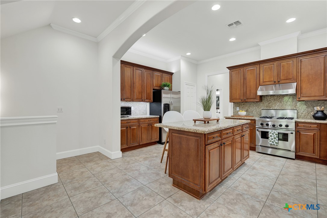 1029 Gruene Road New Braunfels, TX 78130 - Photo 12 of 48 a kitchen with stainless steel appliances granite countertop a stove top oven a sink dishwasher and a refrigerator