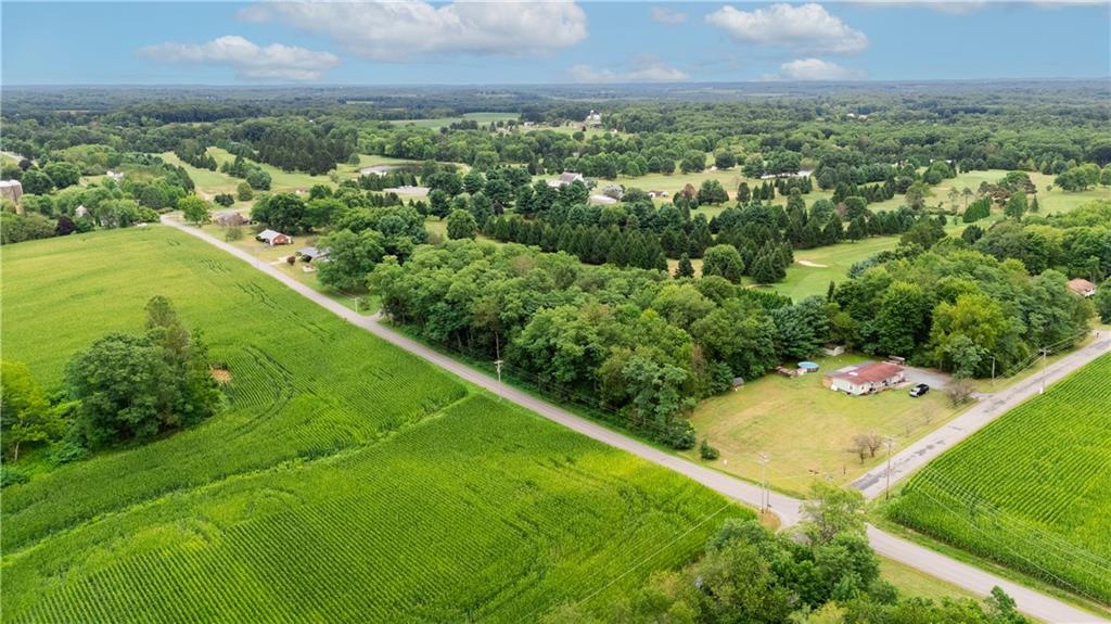 an aerial view of a residential houses with outdoor space and trees all around