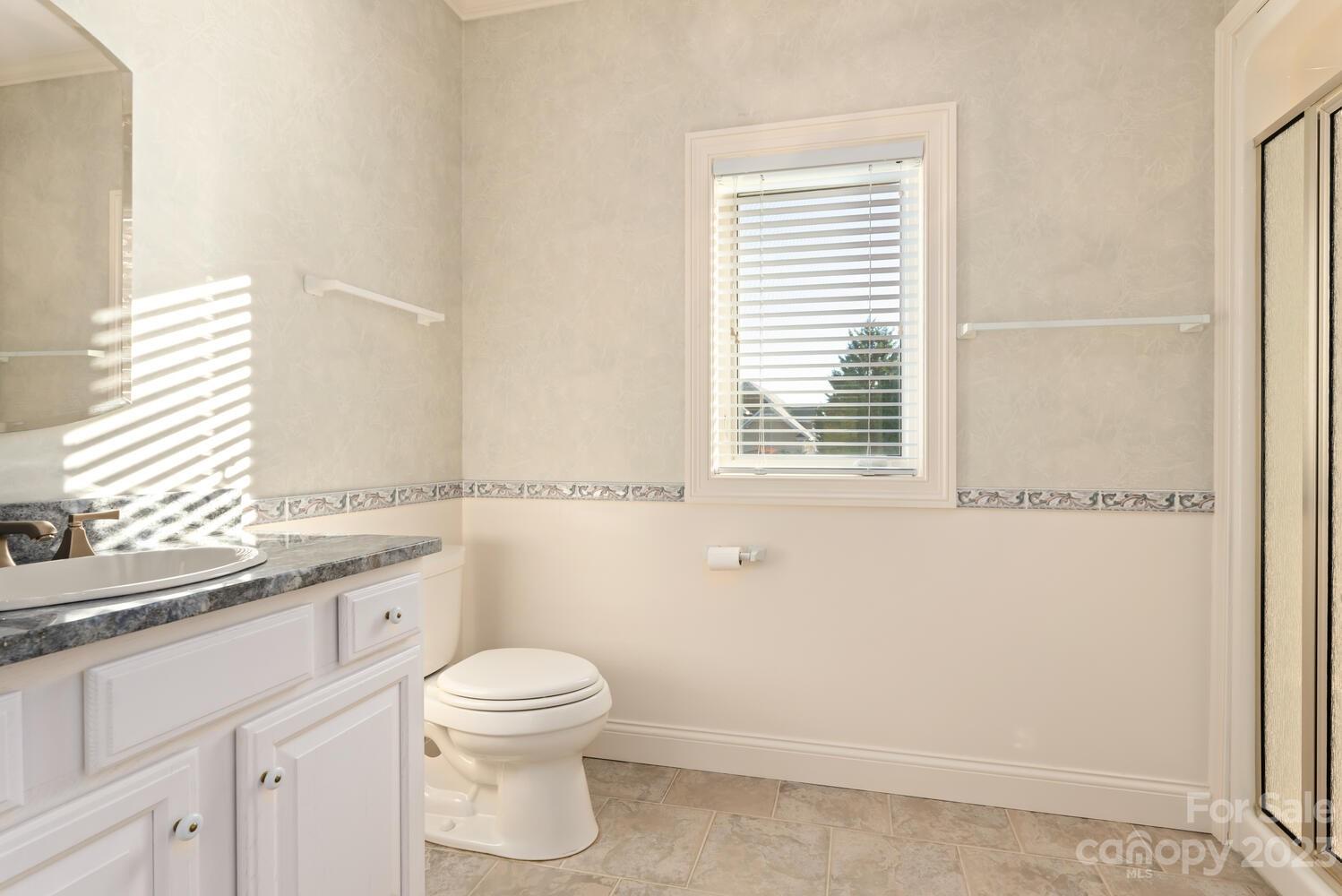 42 Country Club Road Mills River, NC 28759 - Photo 32 of 48 a bathroom with a granite countertop toilet a sink a window and a bathtub