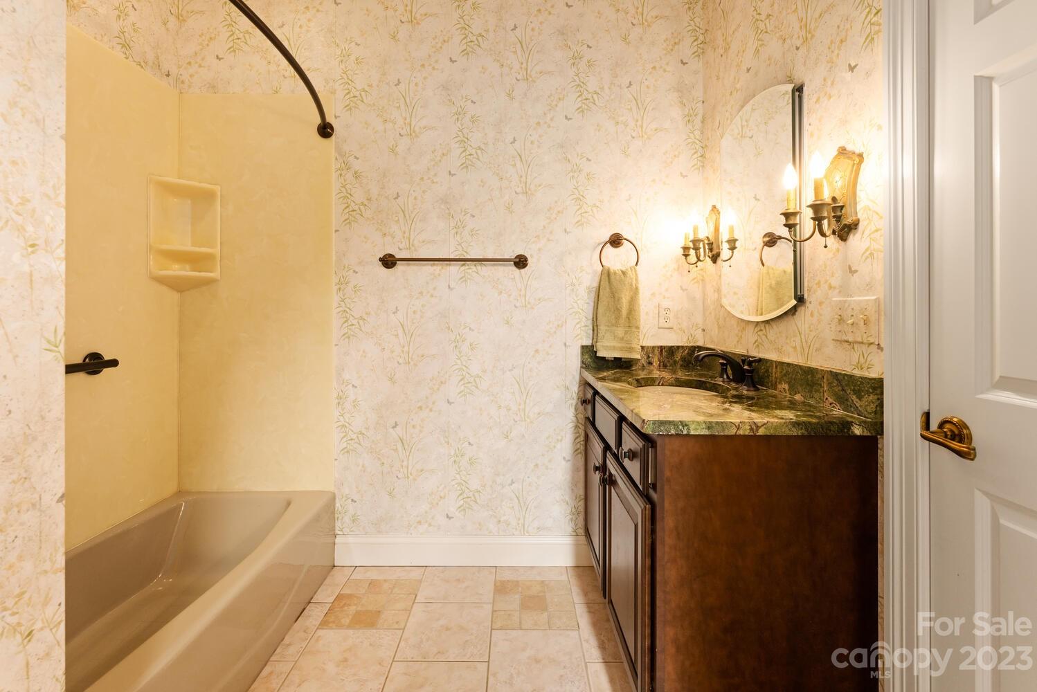 42 Country Club Road Mills River, NC 28759 - Photo 38 of 48 a bathroom with a granite countertop sink and a mirror