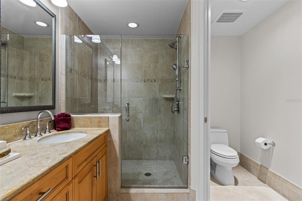 331 Cleveland Street, Unit 2102 Clearwater, FL 33755 - Photo 28 of 66 a bathroom with a granite countertop sink a toilet and shower