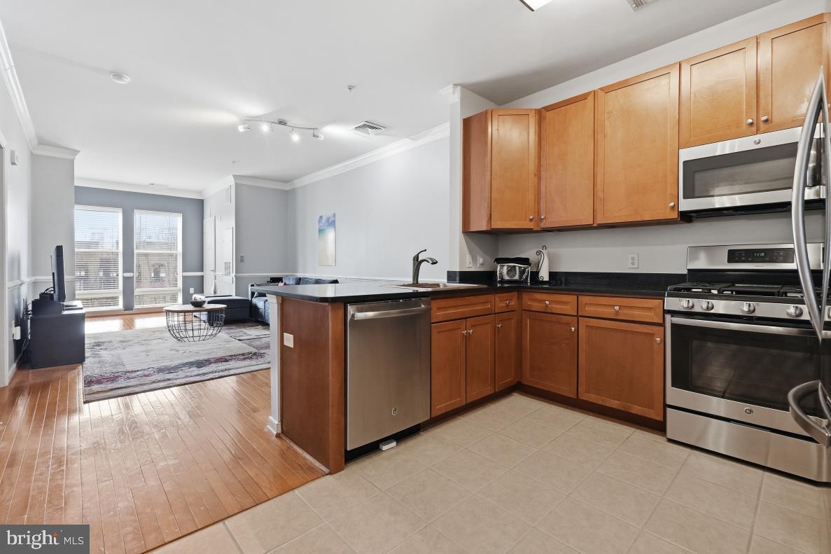 8045 Newell Street, Unit 423 Silver Spring, MD 20910 - Photo 14 of 26 a kitchen with stainless steel appliances granite countertop a sink stove and cabinets