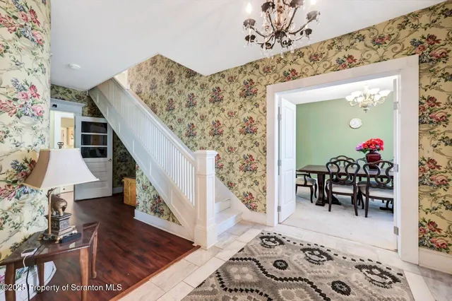 a view of a dining room with furniture