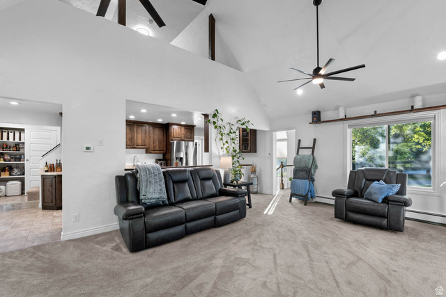 10686 South Covered Brg Cyn Road, Unit 14 Spanish Fork, UT 84660 - Photo 28 of 44 Vaulted ceiling with exposed beams, recessed lighting, and a modern ceiling fan