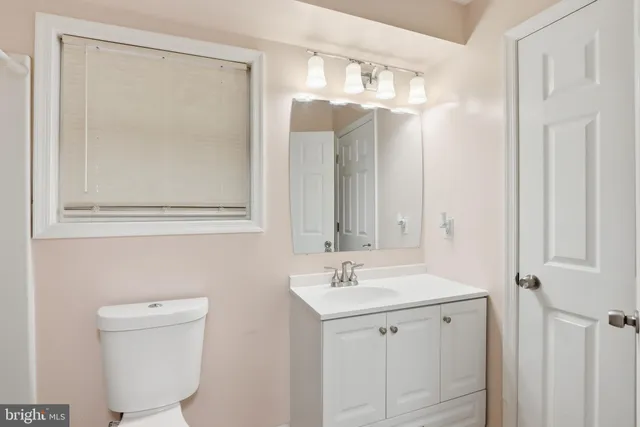 a bathroom with a double vanity sink mirror and toilet