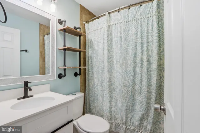 a bathroom with a sink a toilet and shower curtain