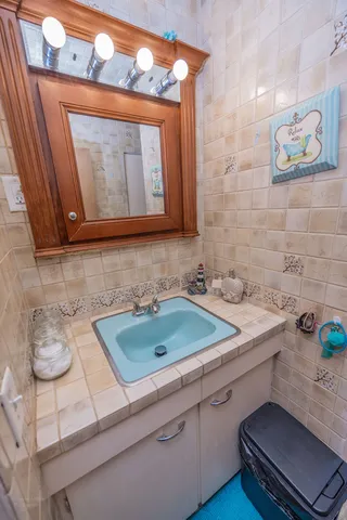 a bathroom with a sink and a mirror