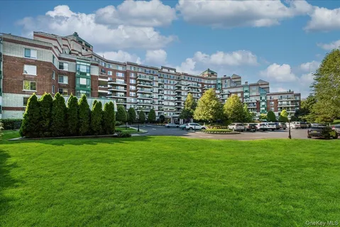a view of a big yard and building in the background