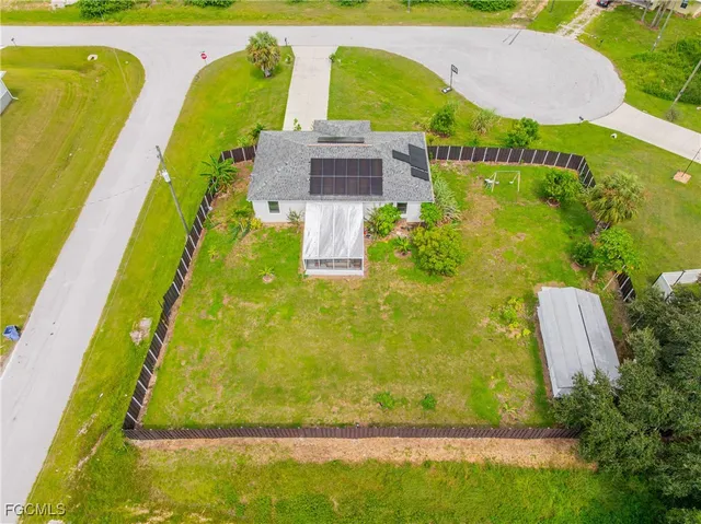 an aerial view of a pool
