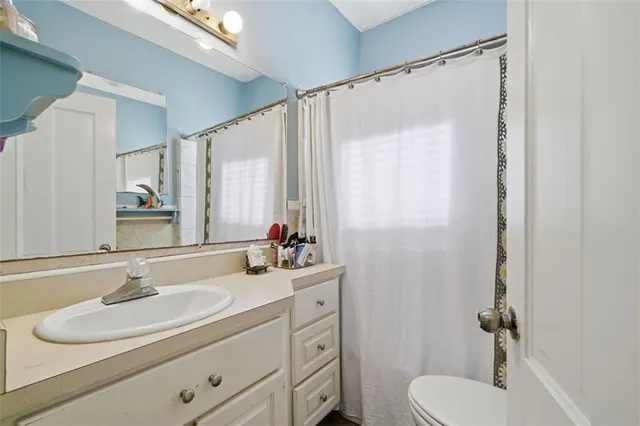 a bathroom with a sink toilet a mirror a vanity and shower