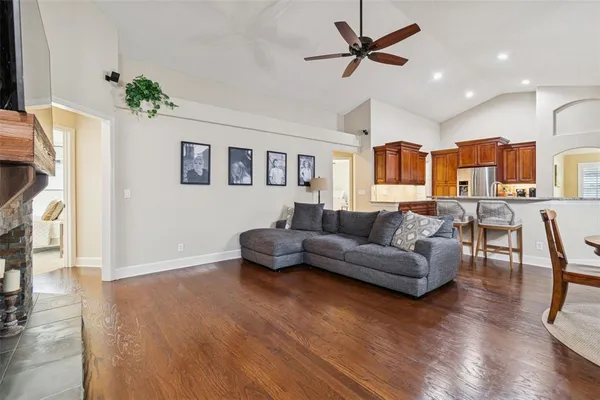 a view of a dining room with furniture
