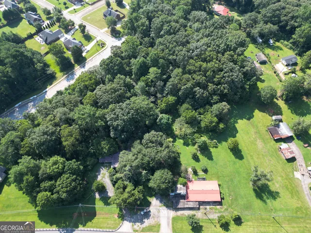 an aerial view of a house with a yard and plants