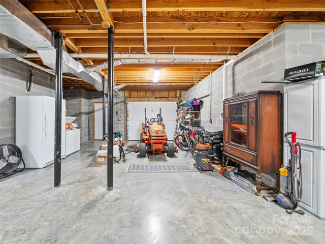 a view of a garage with storage