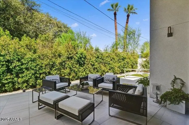 a building outdoor space with patio furniture