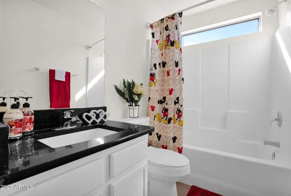 a bathroom with a sink a toilet and a shower curtain