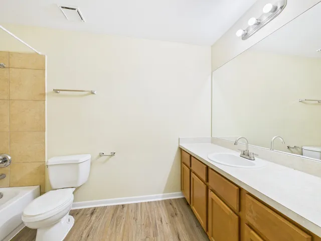 a bathroom with a sink a vanity and a large mirror