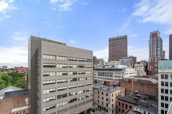 a city view with tall buildings