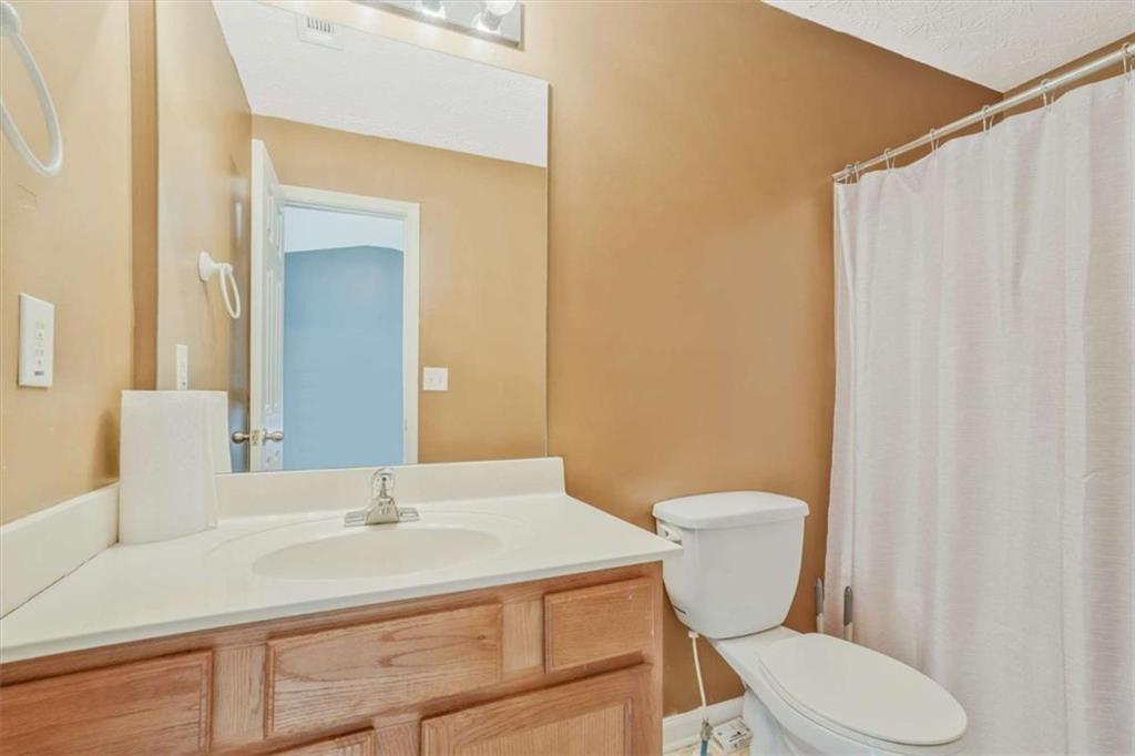 2870 Vining Ridge Terrace Decatur, GA 30034 - Photo 16 of 23 a bathroom with a sink a toilet a mirror and shower curtain