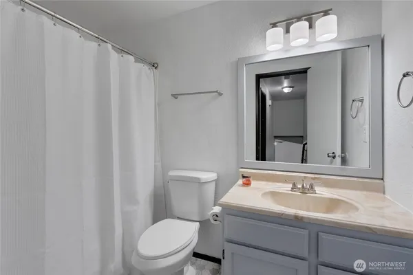 a bathroom with a sink a toilet and a mirror