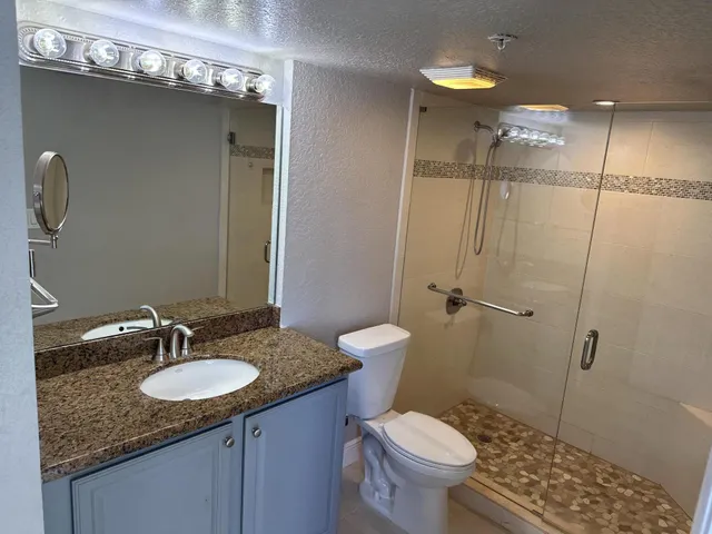 a bathroom with a granite countertop sink toilet and shower