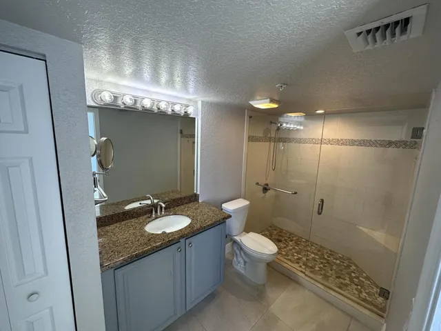 a bathroom with a granite countertop sink a toilet a mirror and shower