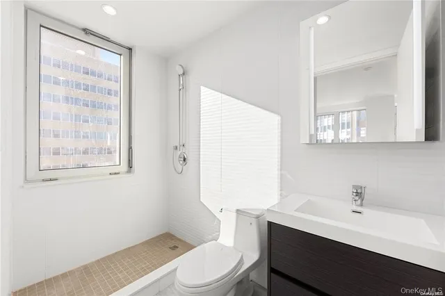 a bathroom with a toilet a sink a mirror a window and vanity